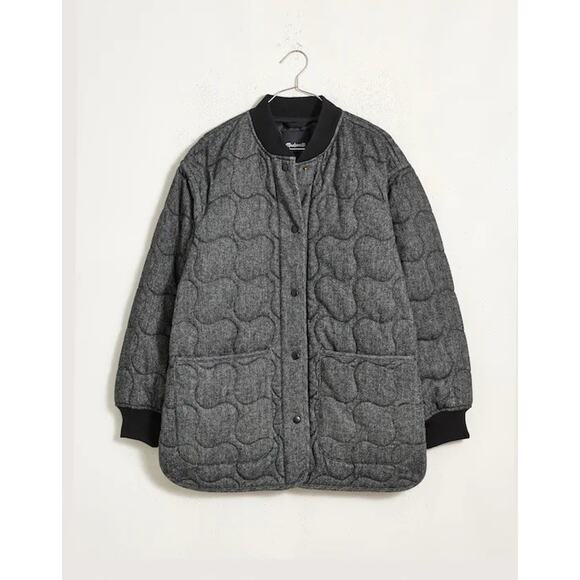 Madewell Quilted Oversized Bomber Jacket Medium Charcoal Wool Herringbone Snap - Picture 7 of 7